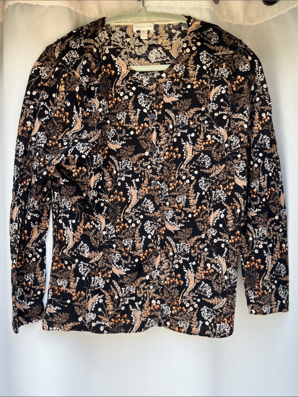 Garnet Hill Merino Wool Black Floral Cardigan